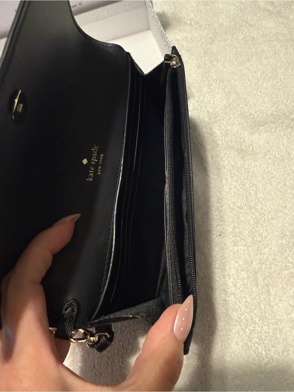 kate spade Black and Purple Glitter Foldover Clutch with Gold Logo